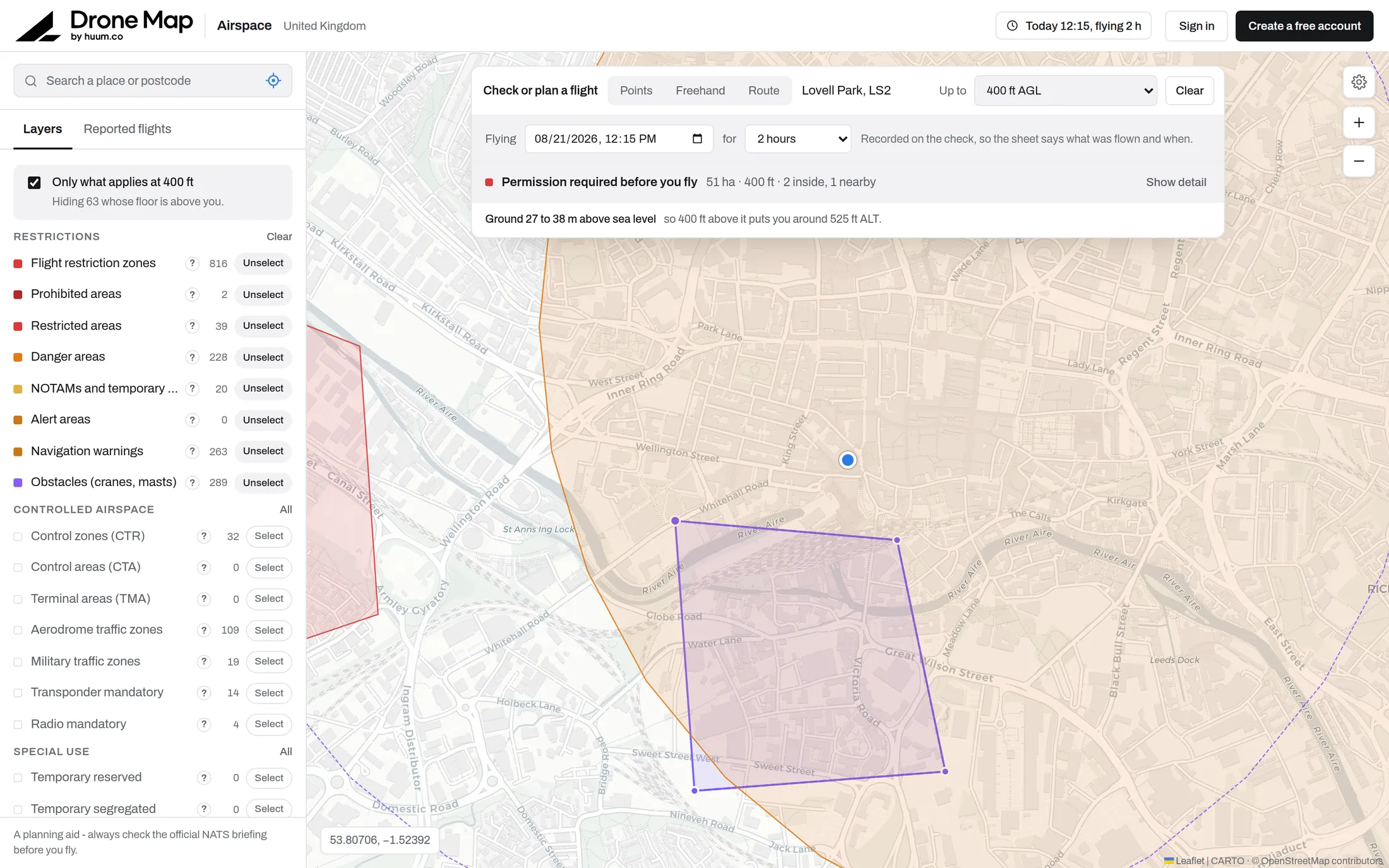 Drone Map showing UK airspace restrictions over northern England
