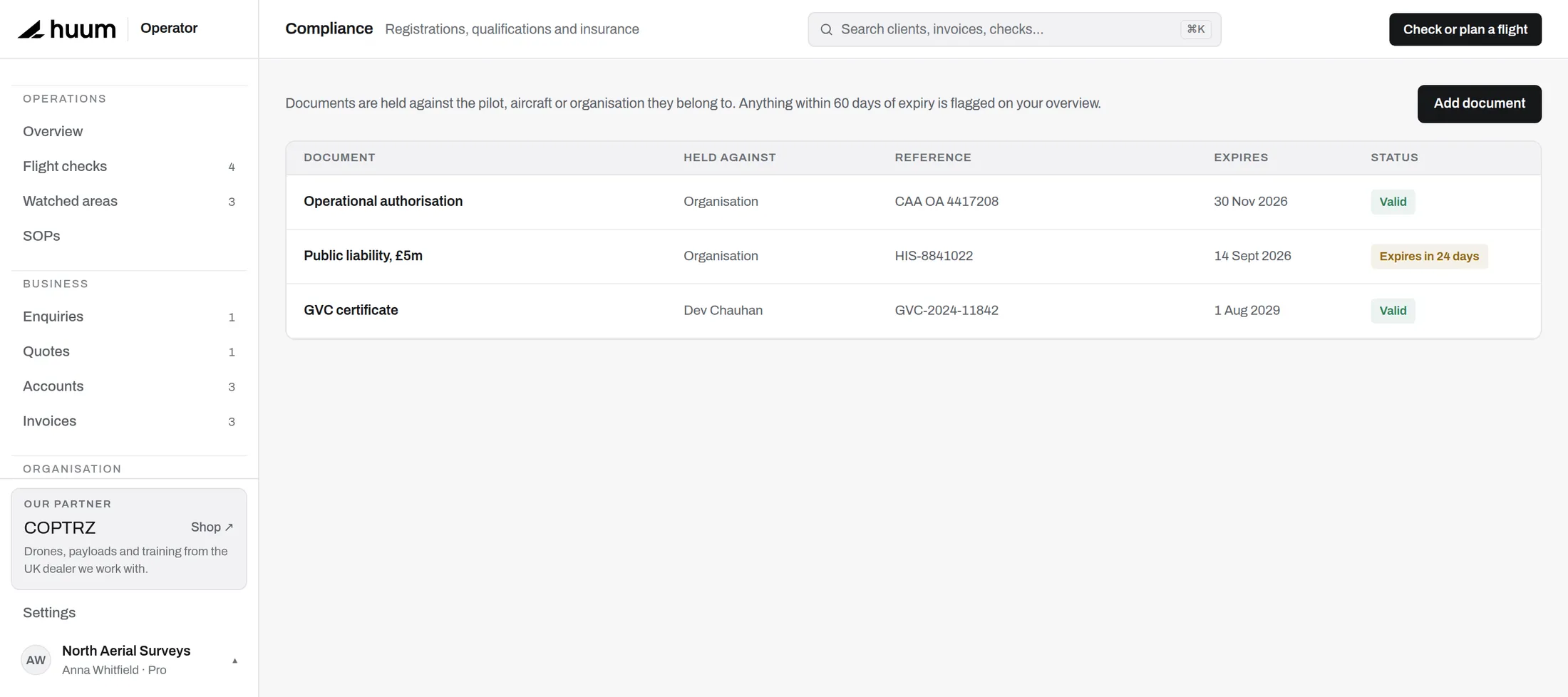 The compliance view showing documents with their expiry dates