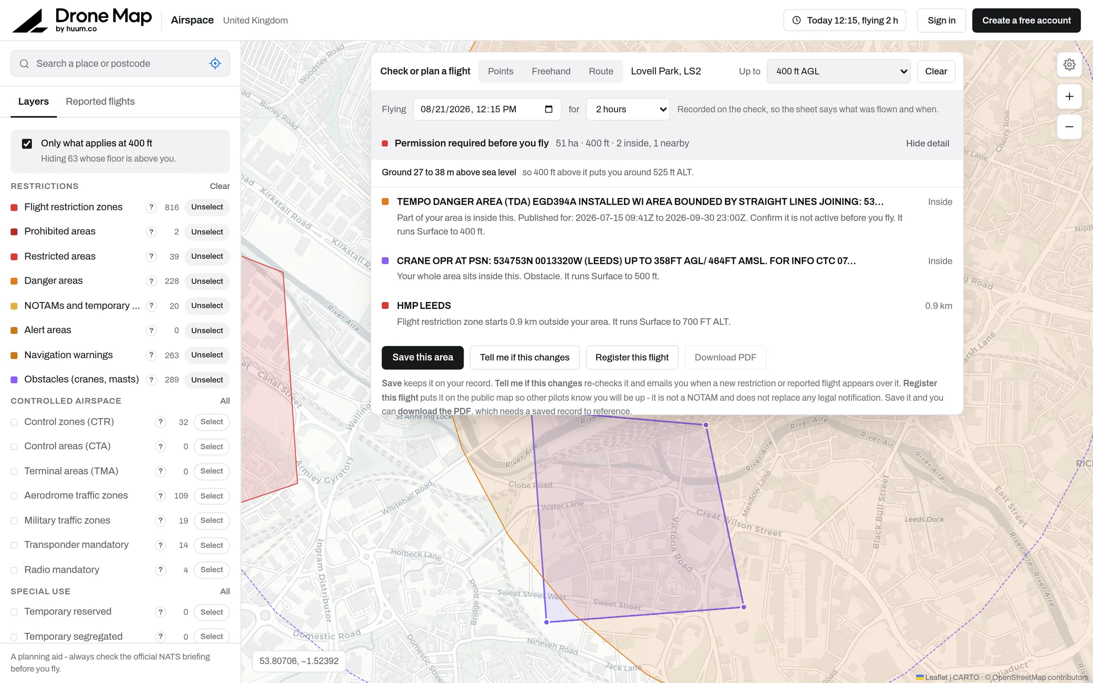An operating area drawn on the map with the verdict and findings listed