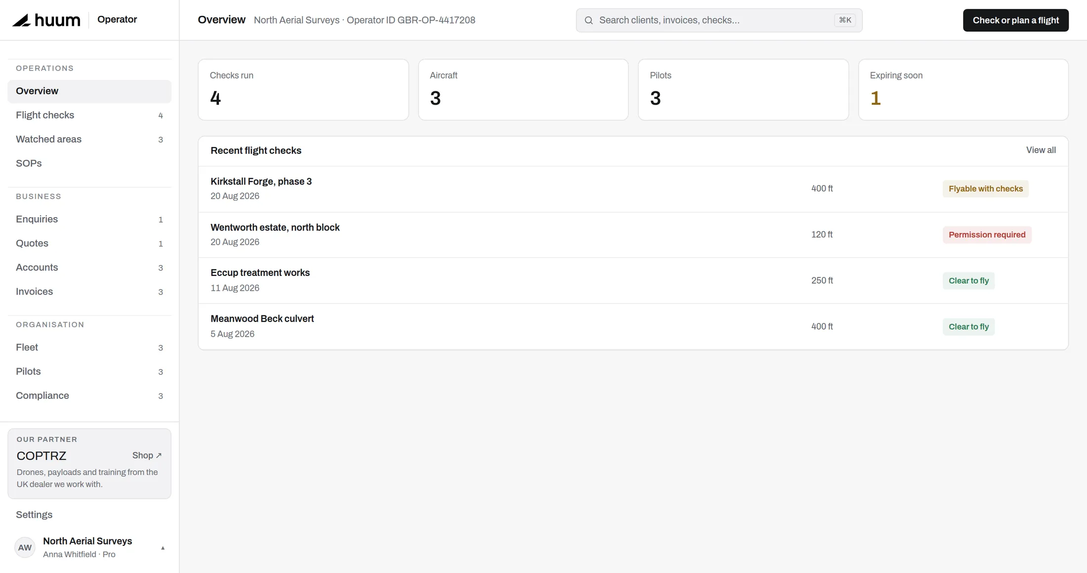 The huum operator console: jobs booked, who is flying them, and what is still owed