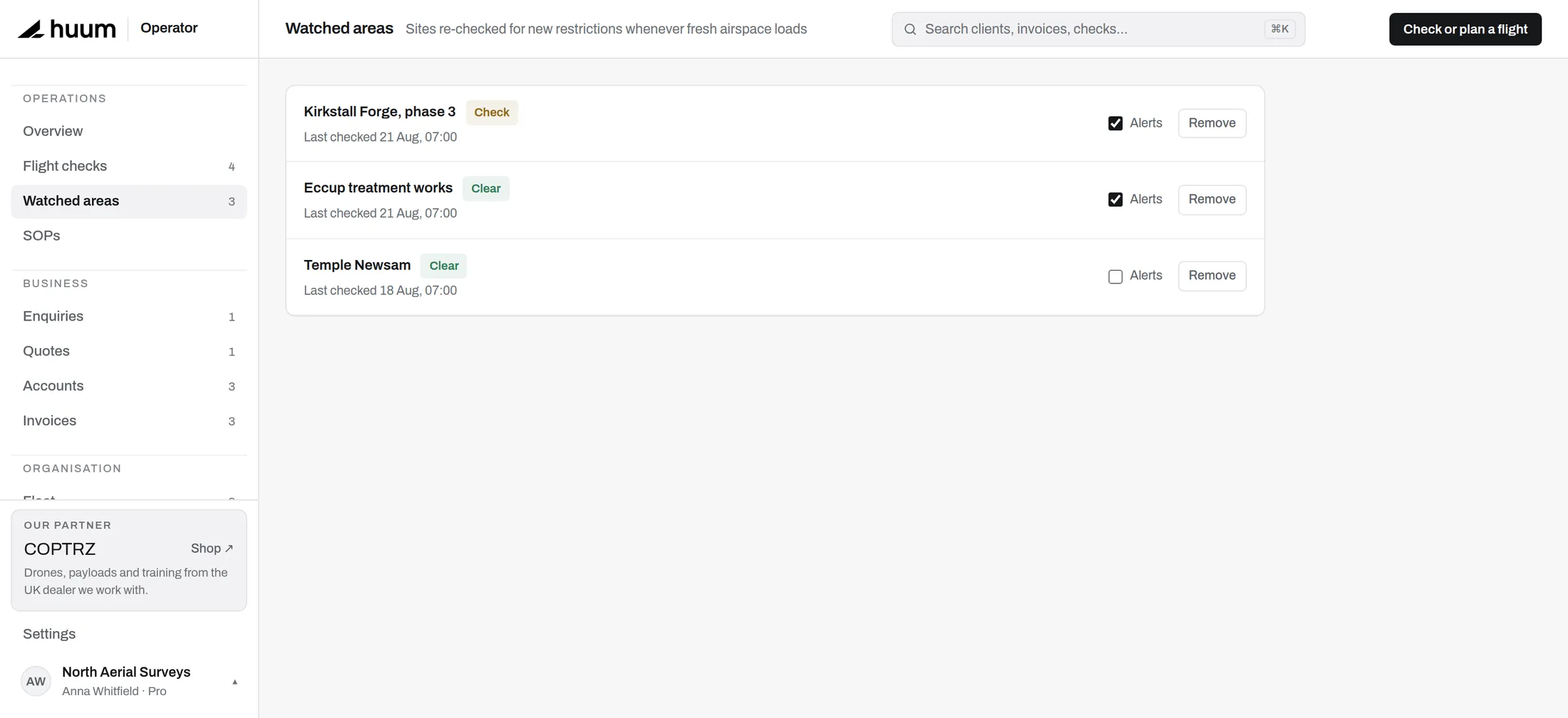 The watched areas list showing three sites re-checked with their latest verdicts